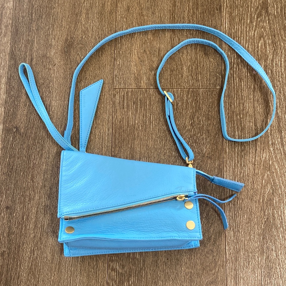 Hammitt VIP med Crossbody in sea sprite blue leather and brushed gold hardware